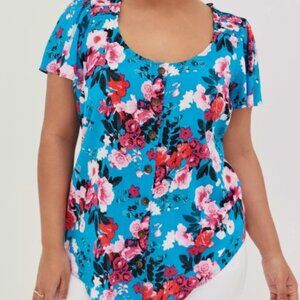 Women's TORRID Blue Pink Button Front Flutter Sleeve Tunic Blouse Size 00 (M/L)